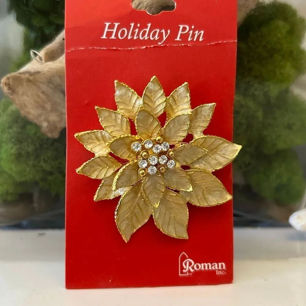 NWT Roman gold enamel poinsettia Christmas pin brooch